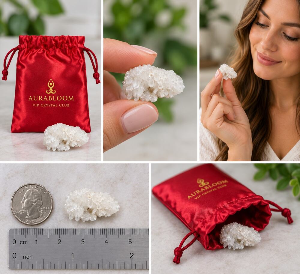 AuraBloom VIP Crystal Club White Crystal Cluster with Red Satin Pouch